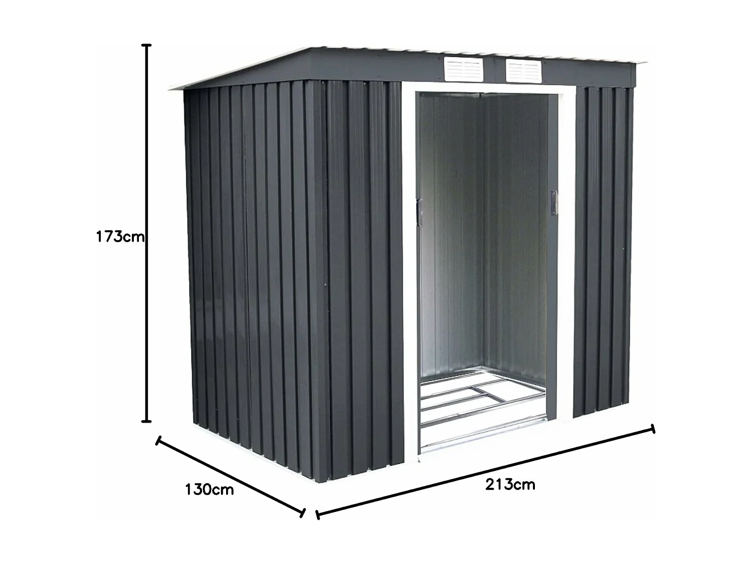 Abri de Jardin en Métal 2,769 ㎡,  Toit en Pente avec Cadre de Fondation et Porte Coulissante, Abri Jardin Exterieur en Tôle Galvanisée à 2 Fenêtres de Ventilation 213 x 130 x 173 cm, Gris