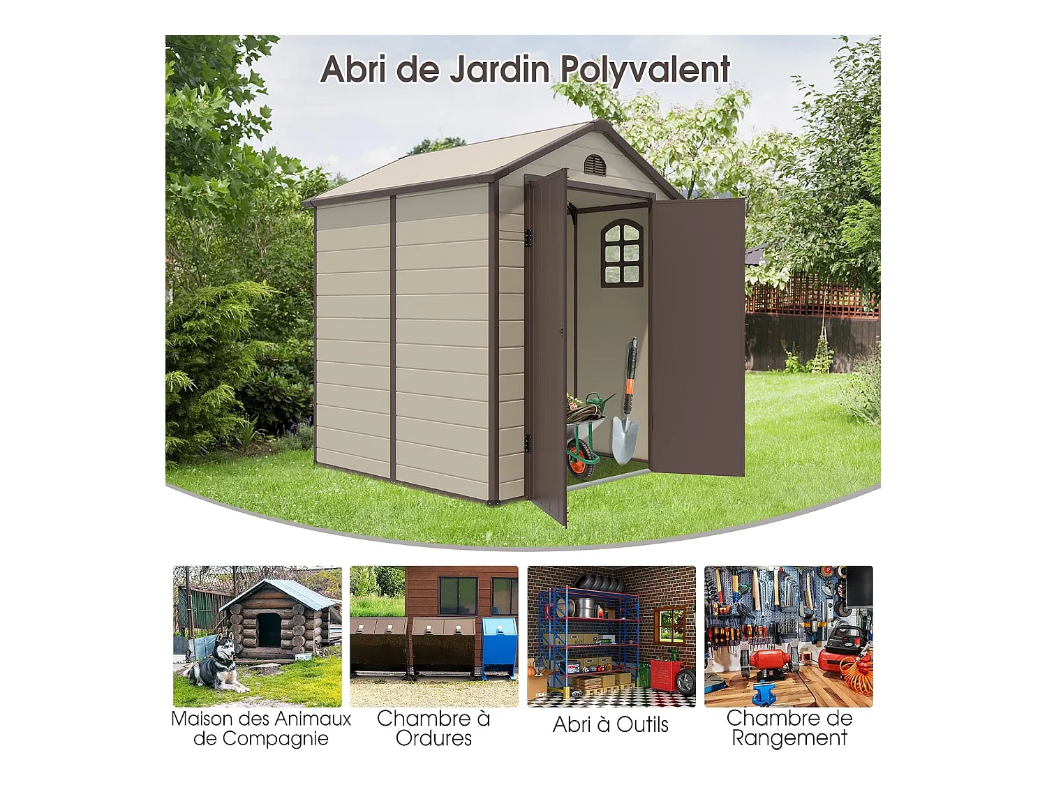 Abri de Jardin Métal 8.3m³ 192,5 x 191 x 227 cm avec 2 Porte à Charnières Aérations,2 Fenêtres