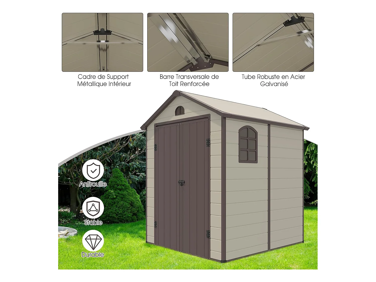 Abri de Jardin Métal 8.3m³ 192,5 x 191 x 227 cm avec 2 Porte à Charnières Aérations,2 Fenêtres