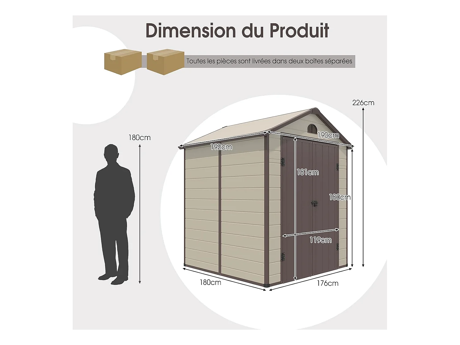 Abri de Jardin Métal 8.3m³ 192,5 x 191 x 227 cm avec 2 Porte à Charnières Aérations,2 Fenêtres