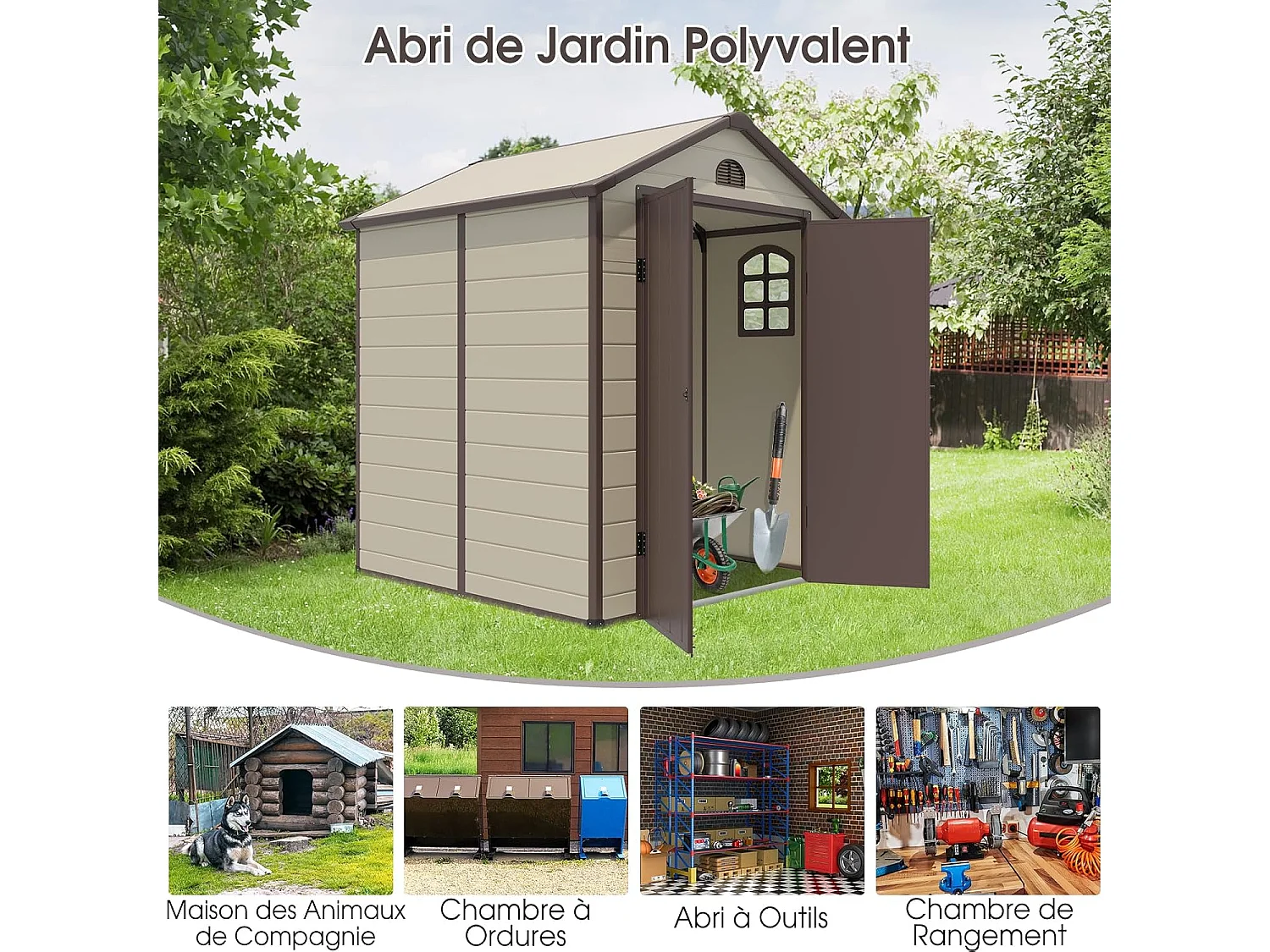 Abri de Jardin Métal 8.3m³ 192,5 x 191 x 227 cm avec 2 Porte à Charnières Aérations,2 Fenêtres