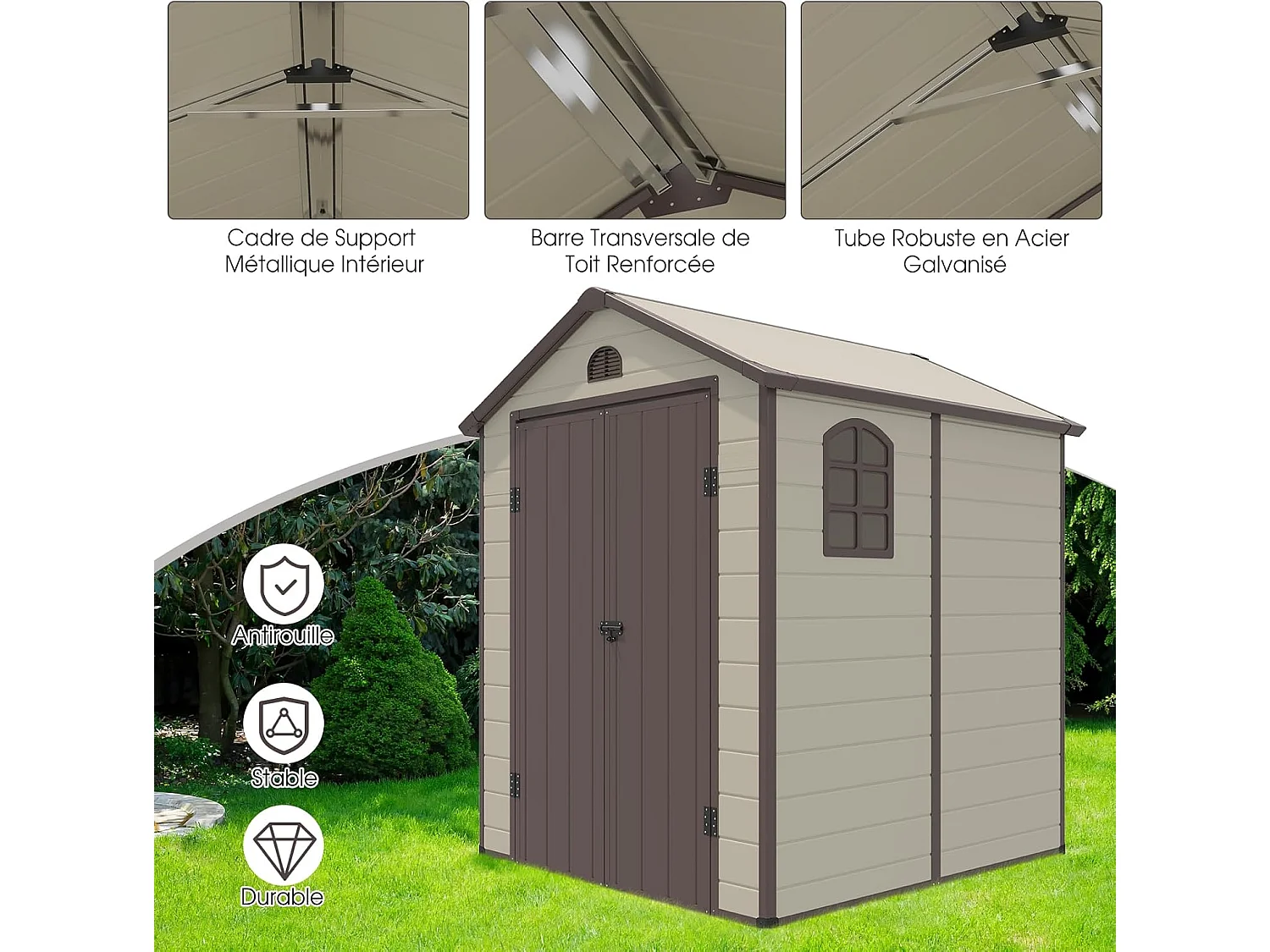 Abri de Jardin Métal 8.3m³ 192,5 x 191 x 227 cm avec 2 Porte à Charnières Aérations,2 Fenêtres