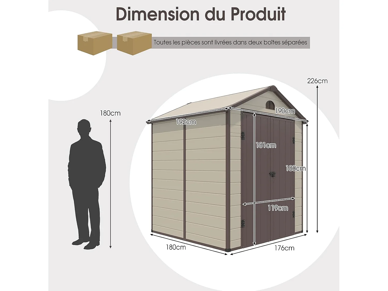 Abri de Jardin Métal 8.3m³ 192,5 x 191 x 227 cm avec 2 Porte à Charnières Aérations,2 Fenêtres