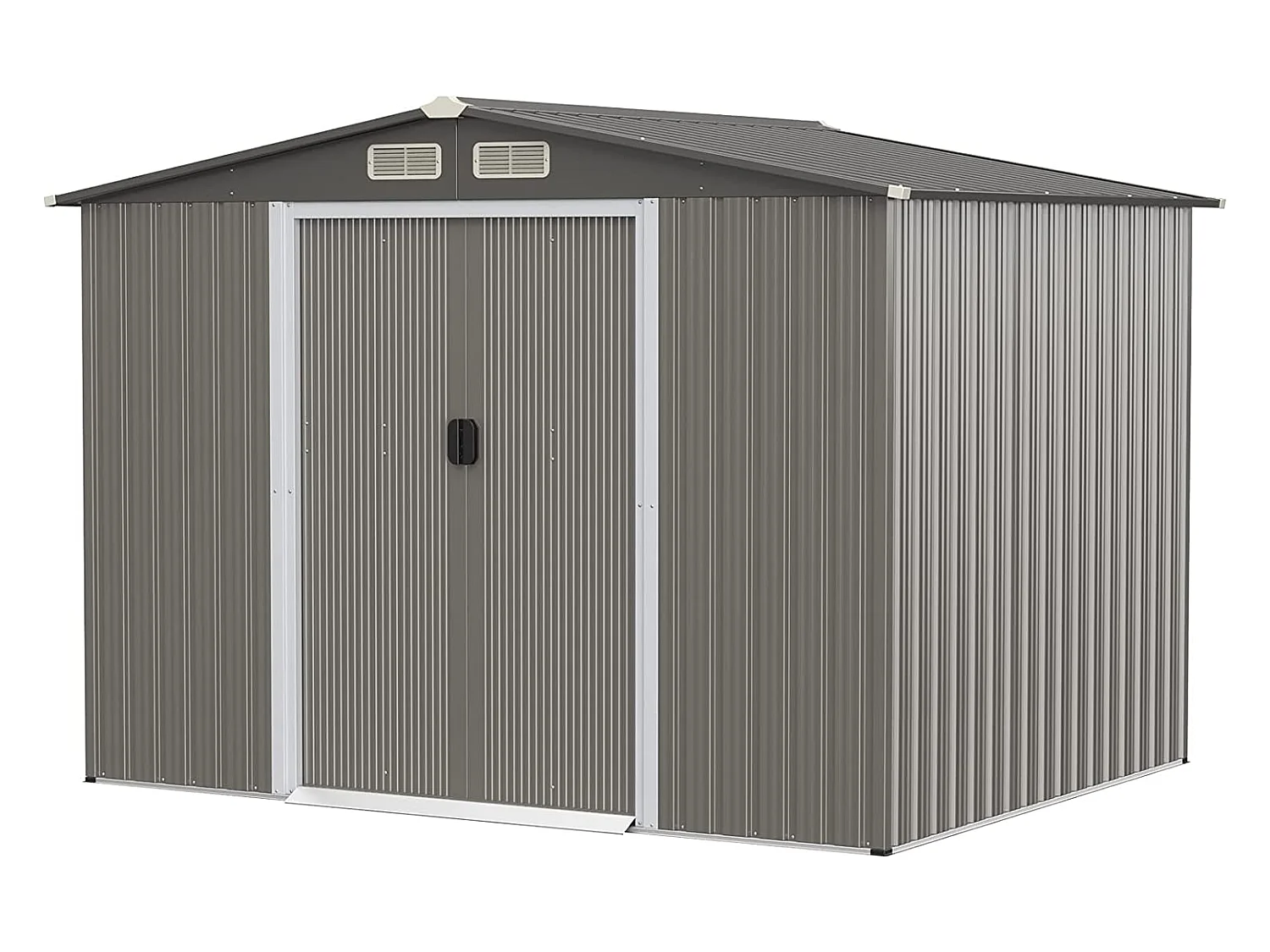 Abri de Jardin Métal 9,74m³ Acier Galvanisé avec Fondation-4 Persiennes-Double Porte et Rampe 260 x 207 x 181 cm-Gris Clair