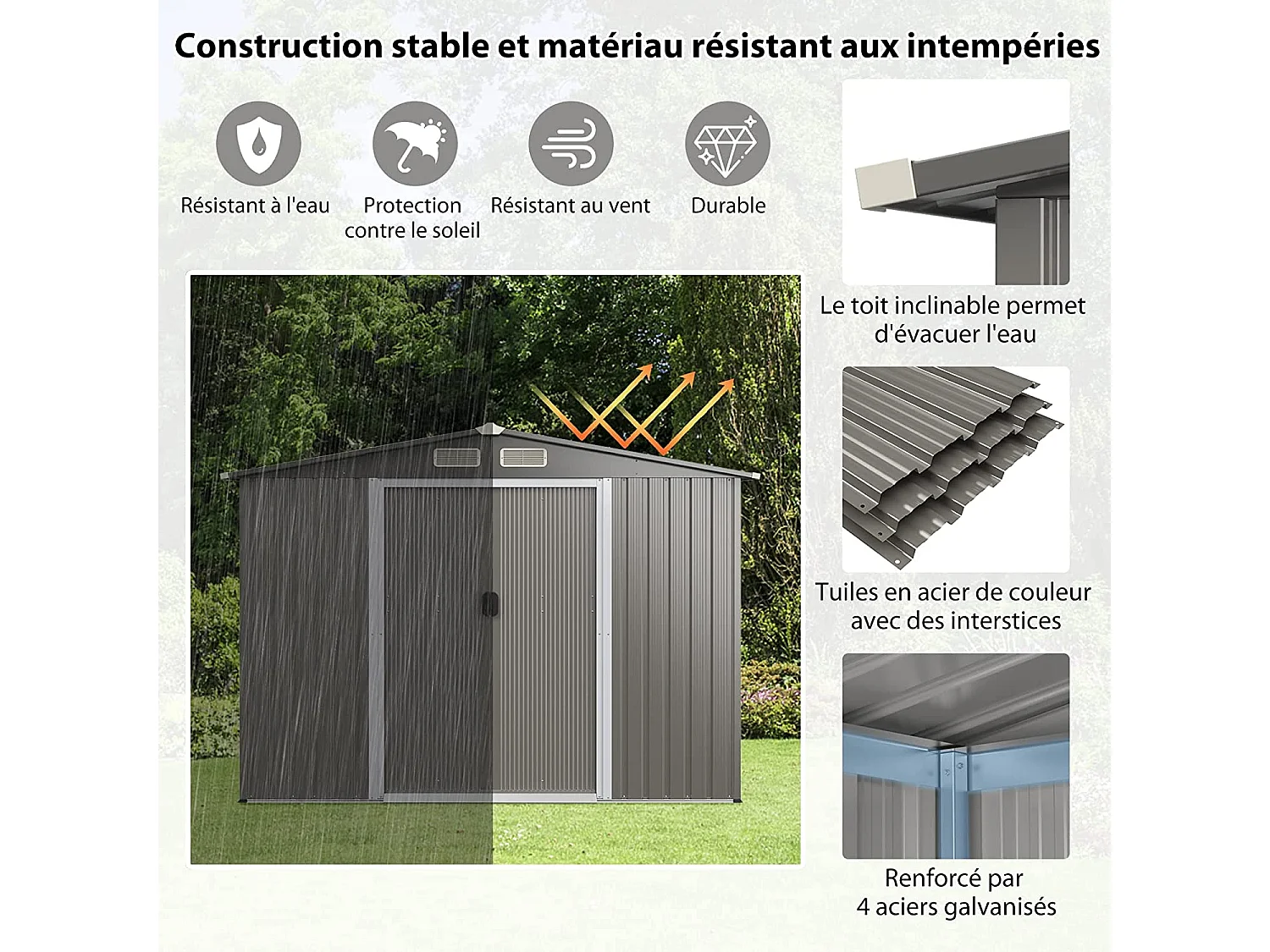 Abri de Jardin Métal 9,74m³ Acier Galvanisé avec Fondation-4 Persiennes-Double Porte et Rampe 260 x 207 x 181 cm-Gris Clair