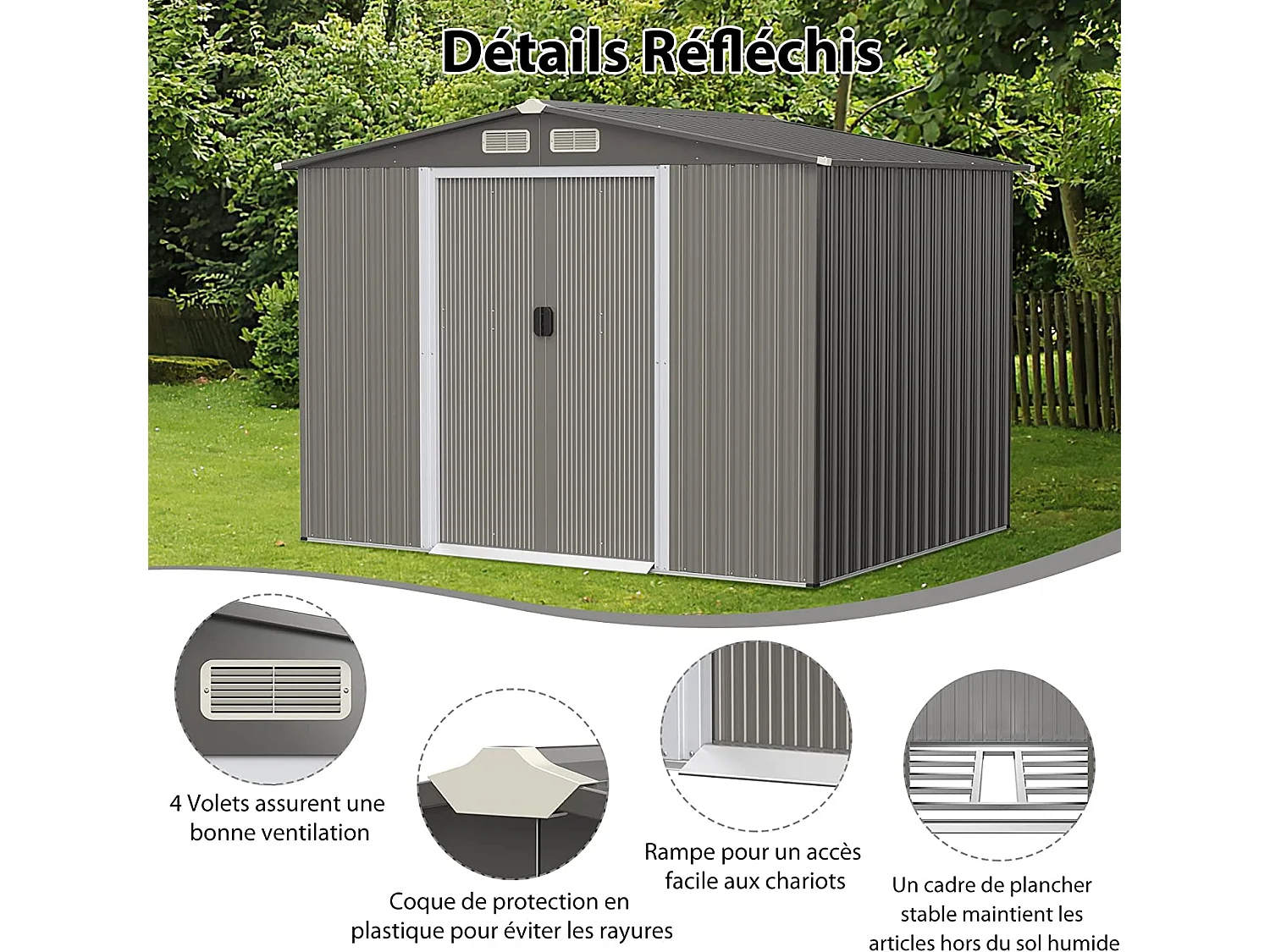 Abri de Jardin Métal 9,74m³ Acier Galvanisé avec Fondation-4 Persiennes-Double Porte et Rampe 260 x 207 x 181 cm-Gris Clair
