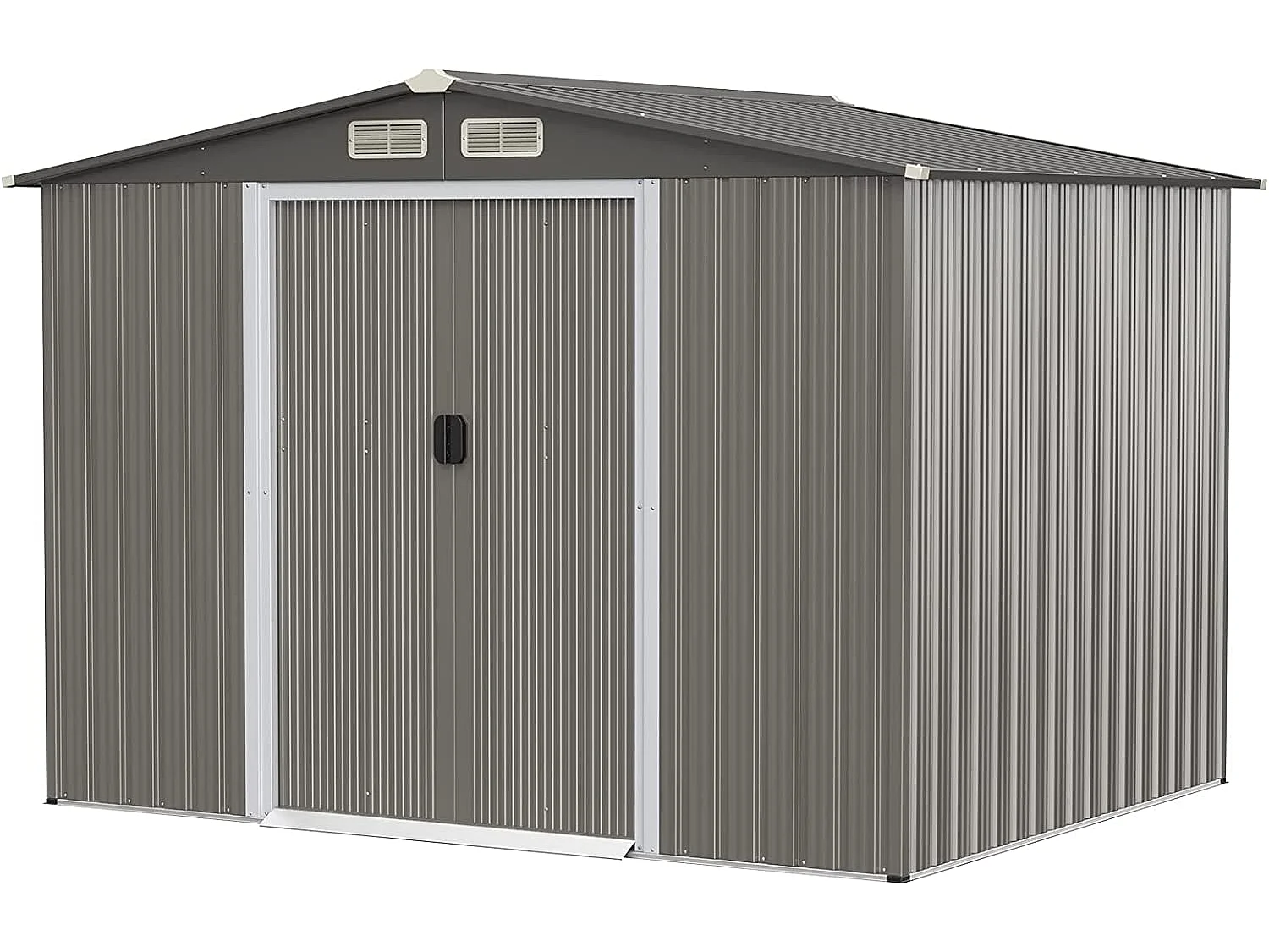 Abri de Jardin Métal 9,74m³ Acier Galvanisé avec Fondation-4 Persiennes-Double Porte et Rampe 260 x 207 x 181 cm-Gris Clair