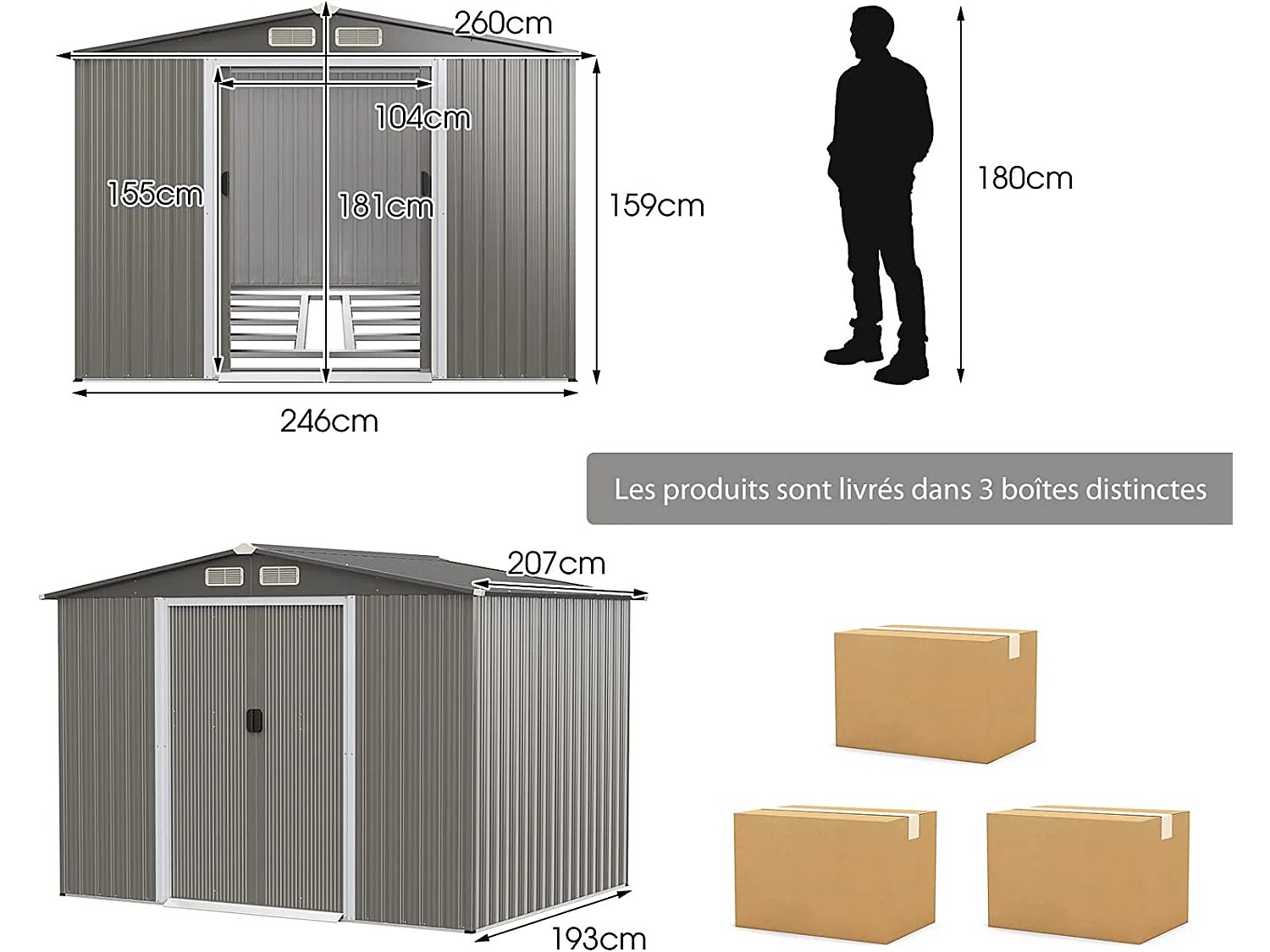 Abri de Jardin Métal 9,74m³ Acier Galvanisé avec Fondation-4 Persiennes-Double Porte et Rampe 260 x 207 x 181 cm-Gris Clair