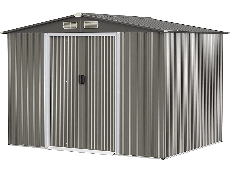 Abri de Jardin Métal 9,74m³ Acier Galvanisé avec Fondation-4 Persiennes-Double Porte et Rampe 260 x 207 x 181 cm-Gris Clair