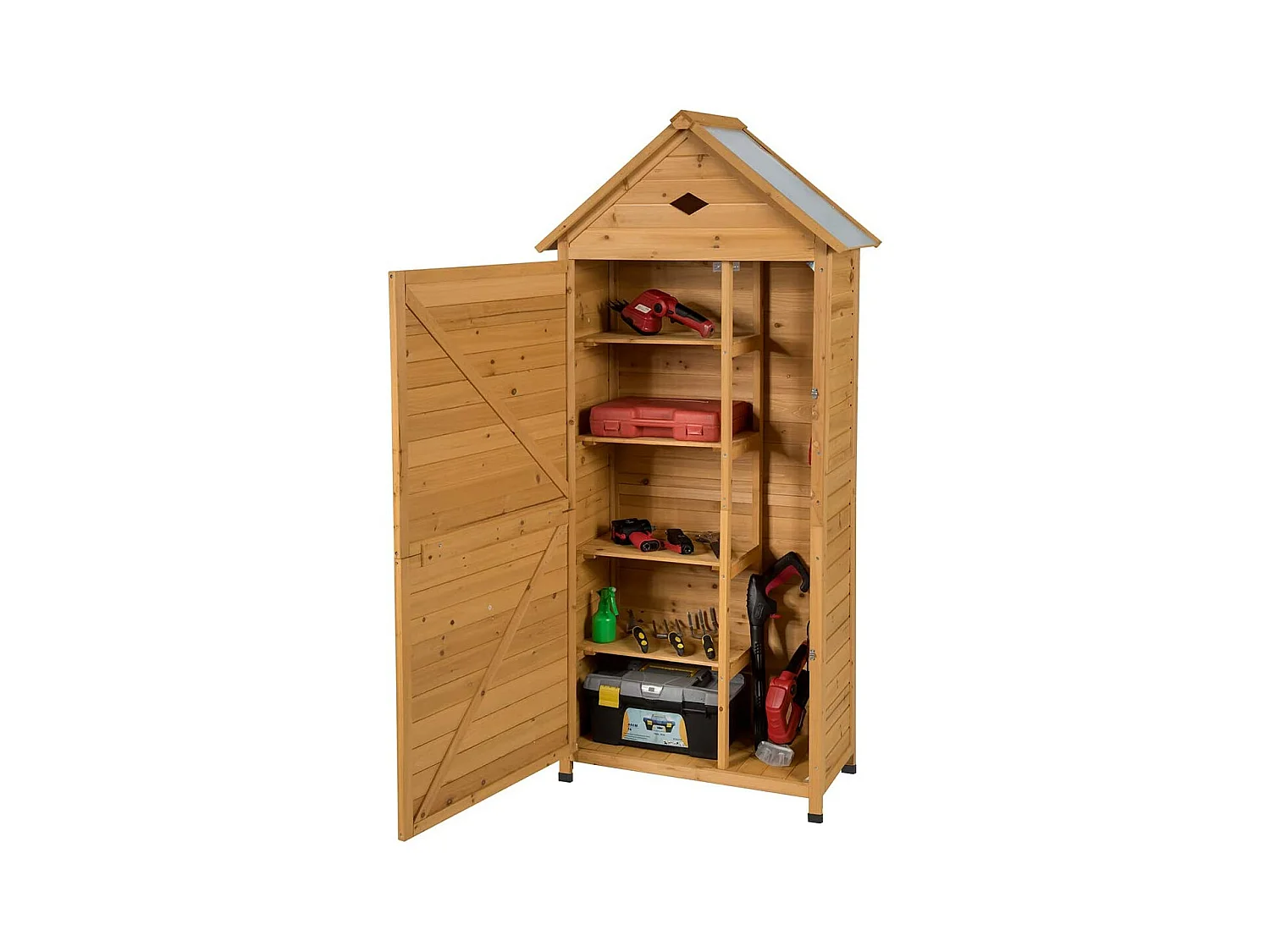 Abri de Jardin Extérieur en Bois de Sapin à 5 Etagères,  70 x 35,5 x 176 CM, Cabane de Rangement Verrouillable pour Outils de Jardin avec 5 Etagères, Tôle Galvanisé