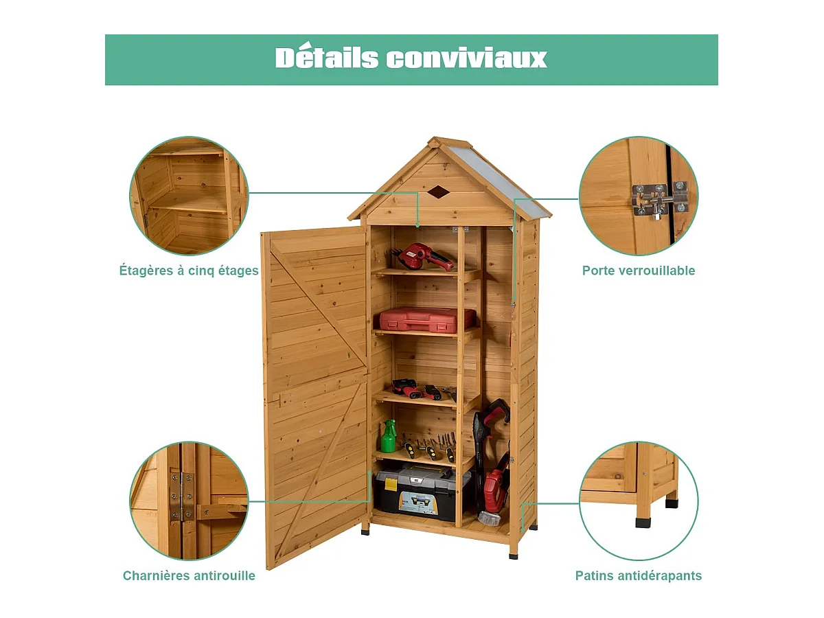Abri de Jardin Extérieur en Bois de Sapin à 5 Etagères,  70 x 35,5 x 176 CM, Cabane de Rangement Verrouillable pour Outils de Jardin avec 5 Etagères, Tôle Galvanisé