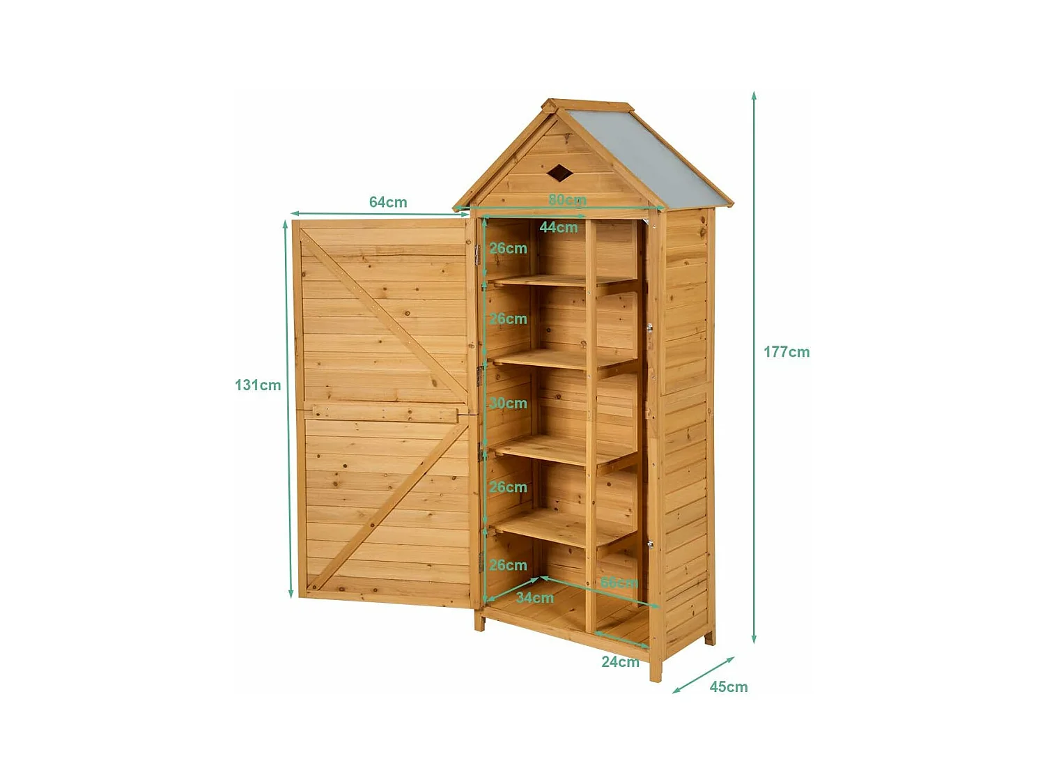 Abri de Jardin Extérieur en Bois de Sapin à 5 Etagères,  70 x 35,5 x 176 CM, Cabane de Rangement Verrouillable pour Outils de Jardin avec 5 Etagères, Tôle Galvanisé