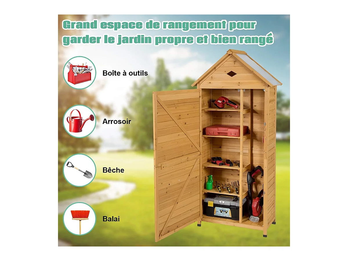 Abri de Jardin Extérieur en Bois de Sapin à 5 Etagères,  70 x 35,5 x 176 CM, Cabane de Rangement Verrouillable pour Outils de Jardin avec 5 Etagères, Tôle Galvanisé