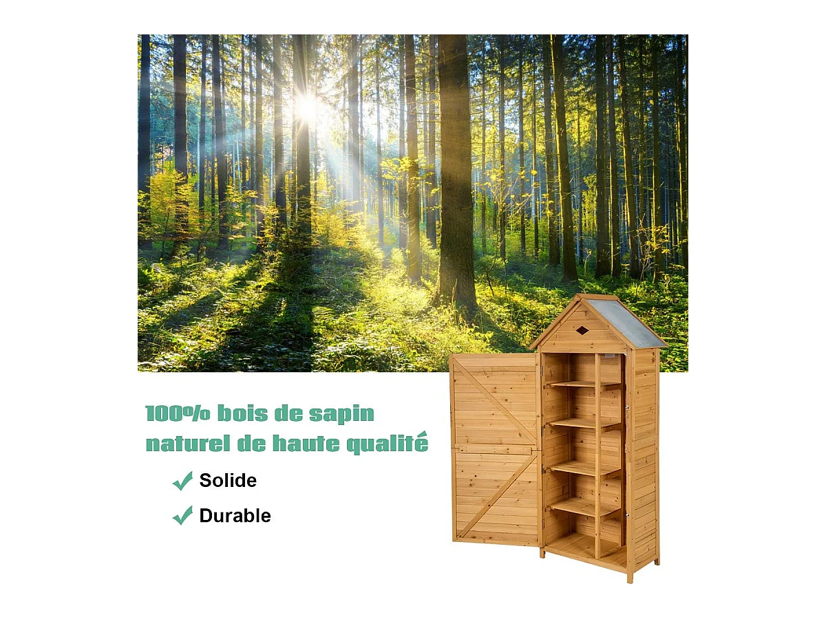 Abri de Jardin Extérieur en Bois de Sapin à 5 Etagères,  70 x 35,5 x 176 CM, Cabane de Rangement Verrouillable pour Outils de Jardin avec 5 Etagères, Tôle Galvanisé