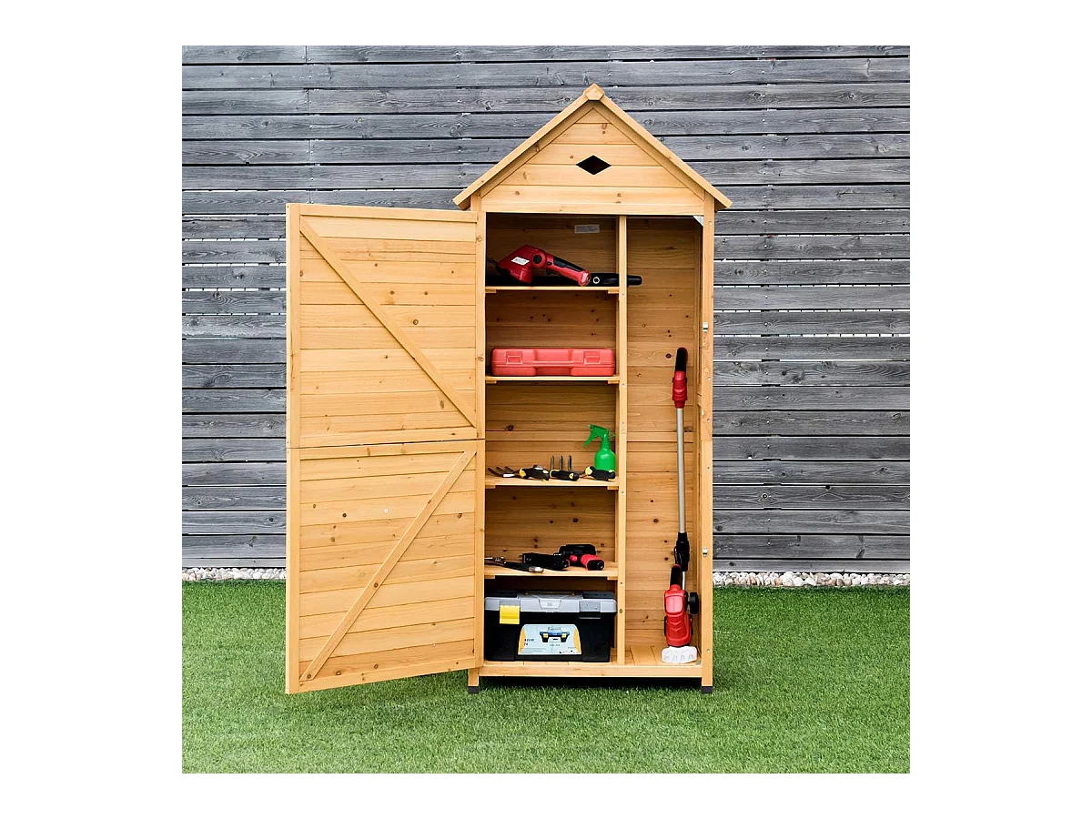 Abri de Jardin Extérieur en Bois de Sapin à 5 Etagères,  70 x 35,5 x 176 CM, Cabane de Rangement Verrouillable pour Outils de Jardin avec 5 Etagères, Tôle Galvanisé