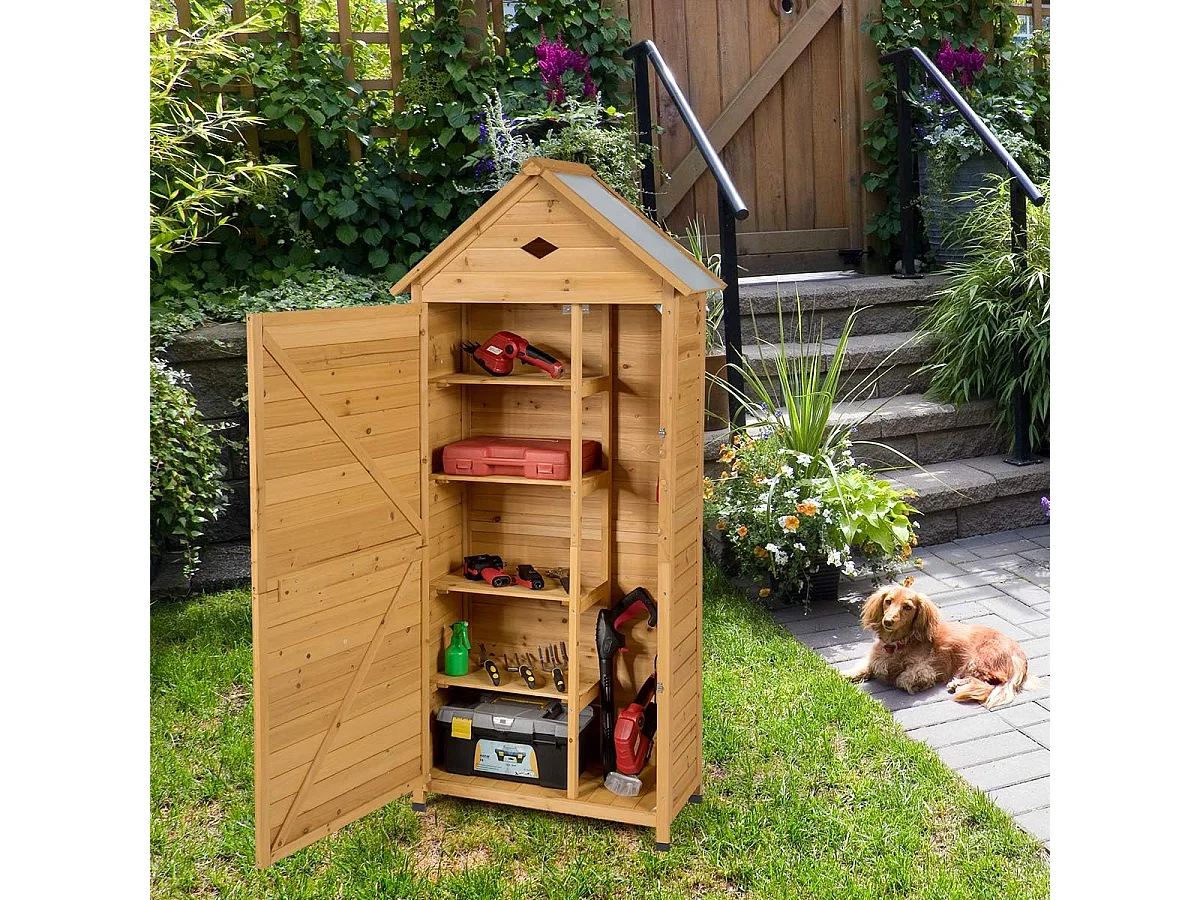 Abri de Jardin Extérieur en Bois de Sapin à 5 Etagères,  70 x 35,5 x 176 CM, Cabane de Rangement Verrouillable pour Outils de Jardin avec 5 Etagères, Tôle Galvanisé