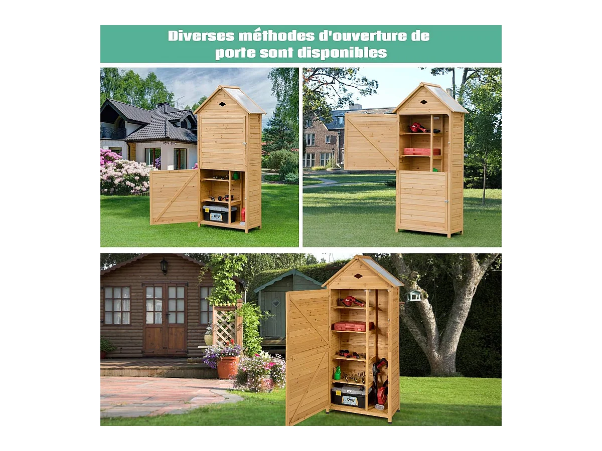 Abri de Jardin Extérieur en Bois de Sapin à 5 Etagères,  70 x 35,5 x 176 CM, Cabane de Rangement Verrouillable pour Outils de Jardin avec 5 Etagères, Tôle Galvanisé