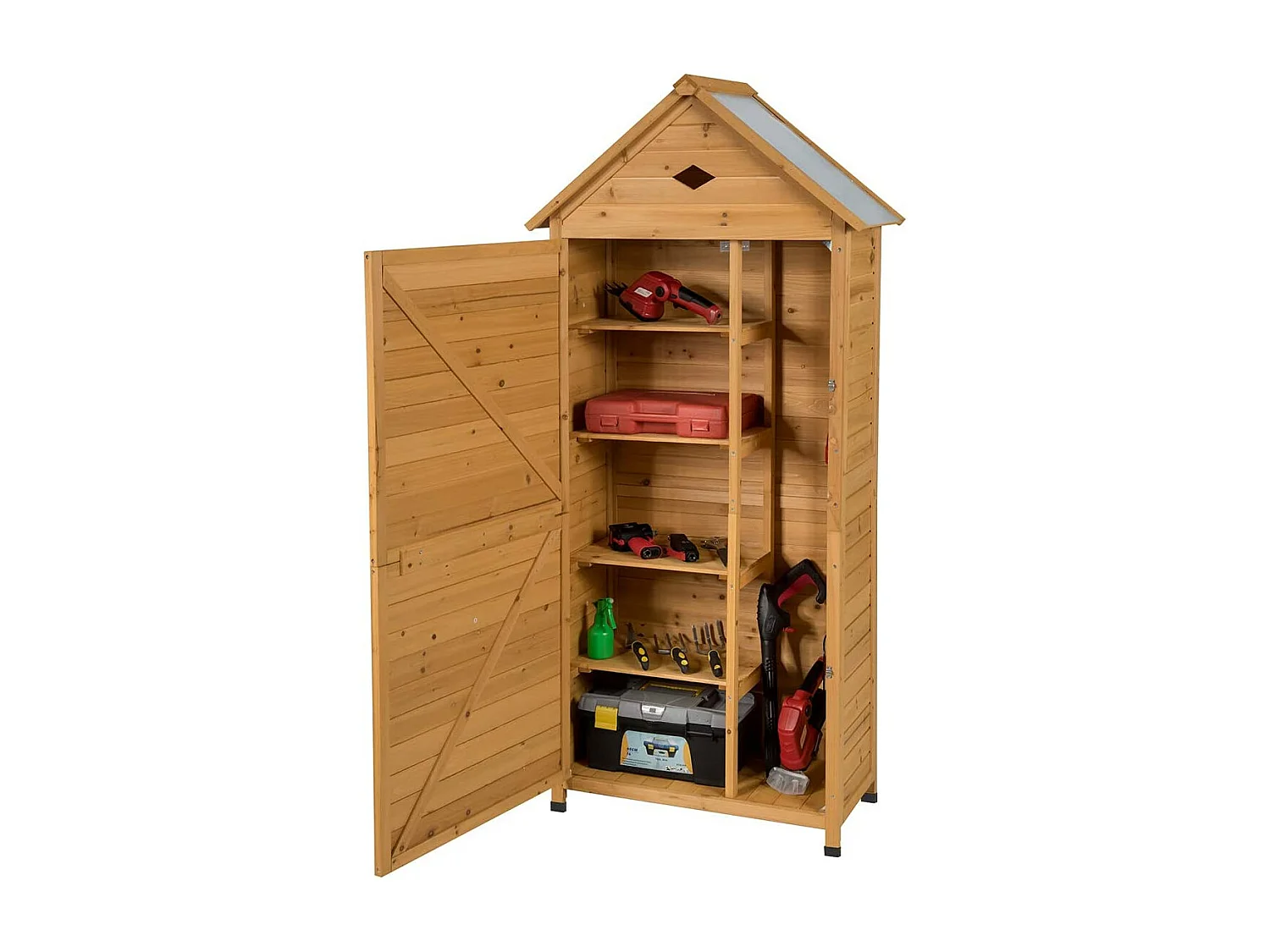 Abri de Jardin Extérieur en Bois de Sapin à 5 Etagères,  70 x 35,5 x 176 CM, Cabane de Rangement Verrouillable pour Outils de Jardin avec 5 Etagères, Tôle Galvanisé