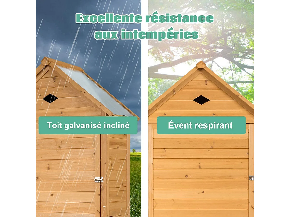 Abri de Jardin Extérieur en Bois de Sapin à 5 Etagères,  70 x 35,5 x 176 CM, Cabane de Rangement Verrouillable pour Outils de Jardin avec 5 Etagères, Tôle Galvanisé