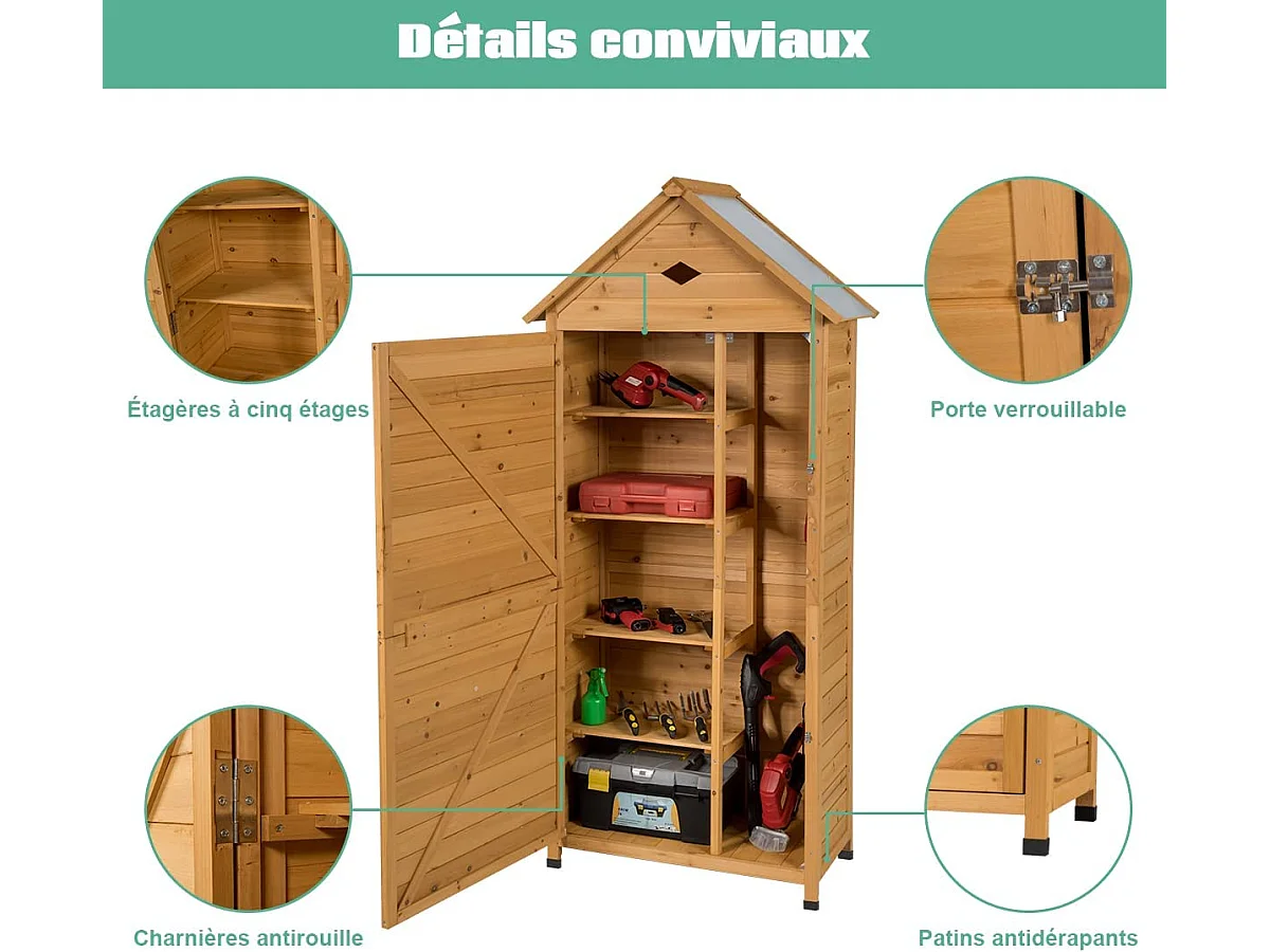 Abri de Jardin Extérieur en Bois de Sapin à 5 Etagères,  70 x 35,5 x 176 CM, Cabane de Rangement Verrouillable pour Outils de Jardin avec 5 Etagères, Tôle Galvanisé