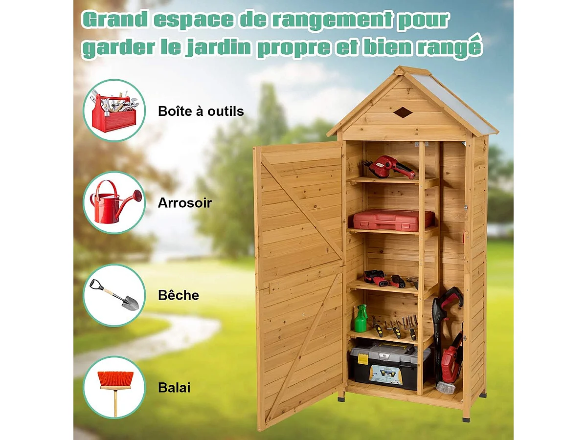 Abri de Jardin Extérieur en Bois de Sapin à 5 Etagères,  70 x 35,5 x 176 CM, Cabane de Rangement Verrouillable pour Outils de Jardin avec 5 Etagères, Tôle Galvanisé