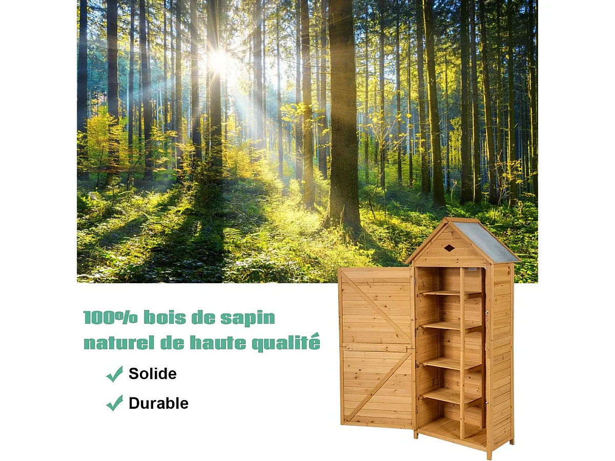 Abri de Jardin Extérieur en Bois de Sapin à 5 Etagères,  70 x 35,5 x 176 CM, Cabane de Rangement Verrouillable pour Outils de Jardin avec 5 Etagères, Tôle Galvanisé
