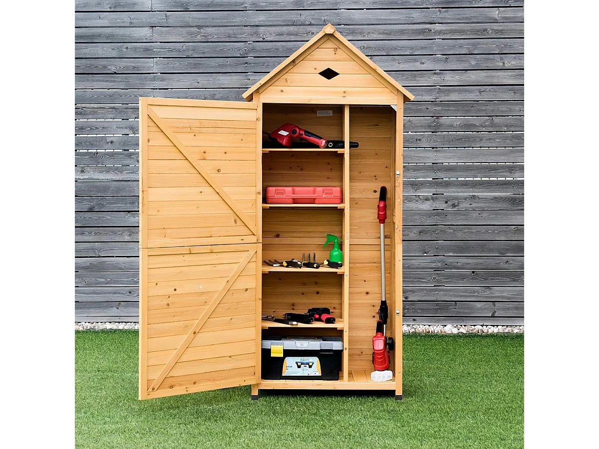 Abri de Jardin Extérieur en Bois de Sapin à 5 Etagères,  70 x 35,5 x 176 CM, Cabane de Rangement Verrouillable pour Outils de Jardin avec 5 Etagères, Tôle Galvanisé