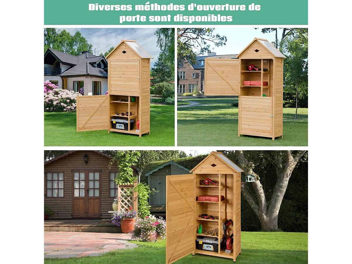 Abri de Jardin Extérieur en Bois de Sapin à 5 Etagères,  70 x 35,5 x 176 CM, Cabane de Rangement Verrouillable pour Outils de Jardin avec 5 Etagères, Tôle Galvanisé