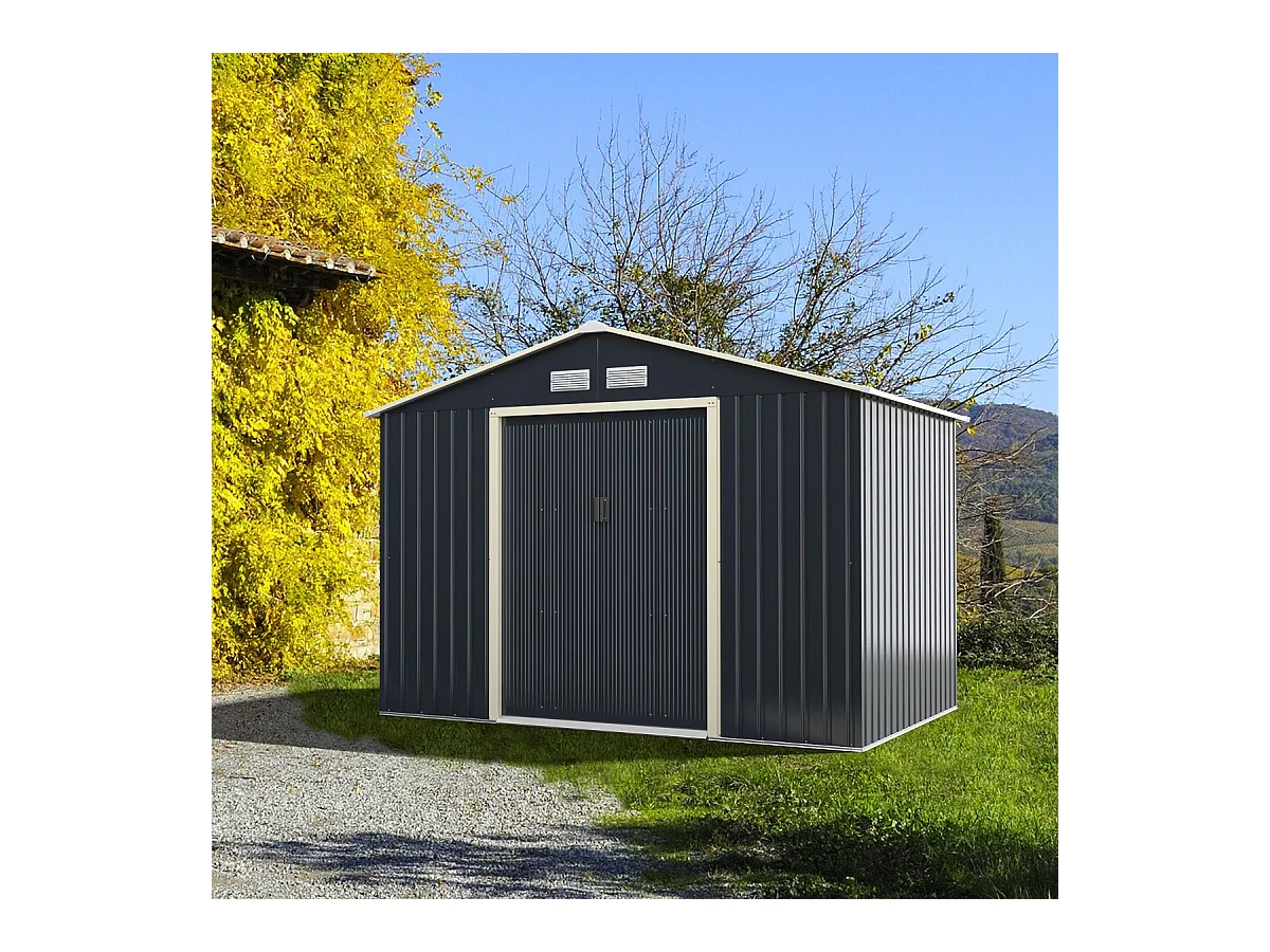 Abri de Jardin en Métal 5,29 ㎡ 277 x 191 x 202 cm avec 2 Portes Coulissantes Verrouillables 4 Trous d’Aération（Gris)