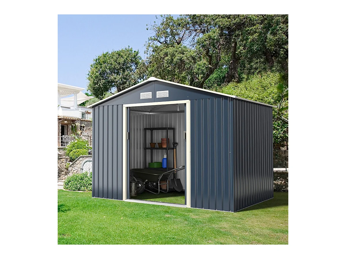 Abri de Jardin en Métal 5,29 ㎡ 277 x 191 x 202 cm avec 2 Portes Coulissantes Verrouillables 4 Trous d’Aération（Gris)