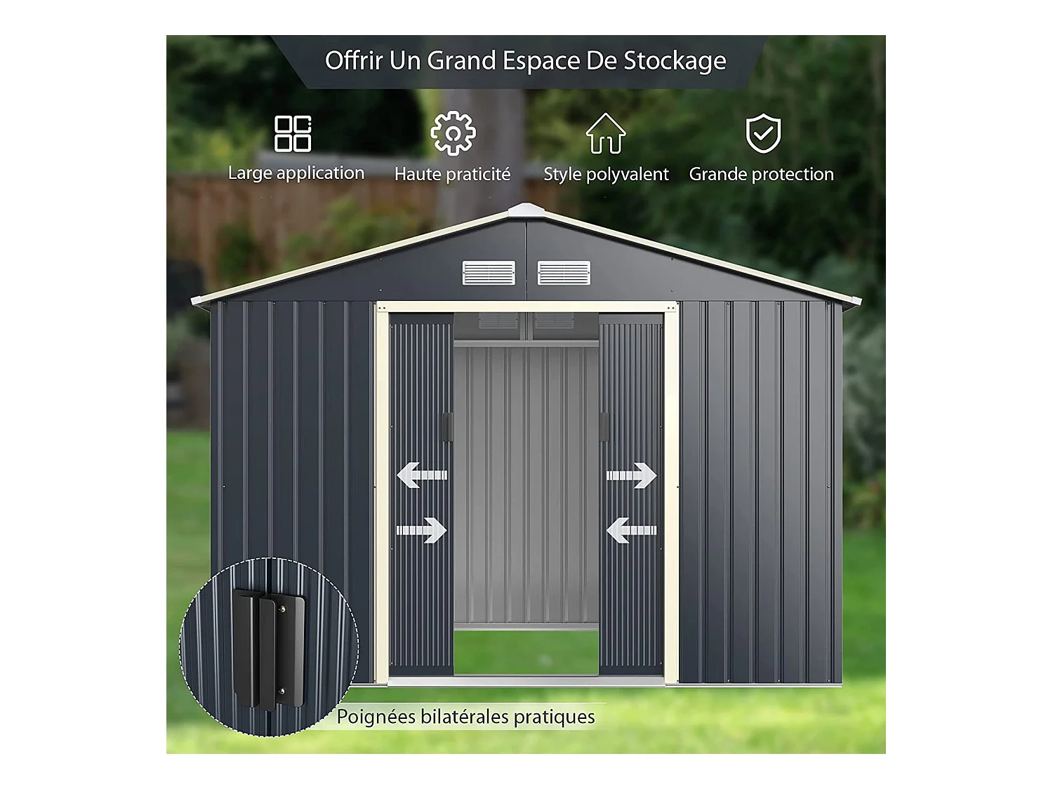 Abri de Jardin en Métal 5,29 ㎡ 277 x 191 x 202 cm avec 2 Portes Coulissantes Verrouillables 4 Trous d’Aération（Gris)