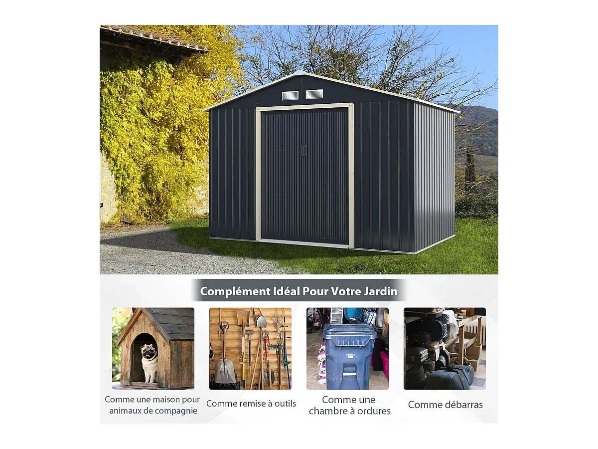 Abri de Jardin en Métal 5,29 ㎡ 277 x 191 x 202 cm avec 2 Portes Coulissantes Verrouillables 4 Trous d’Aération（Gris)