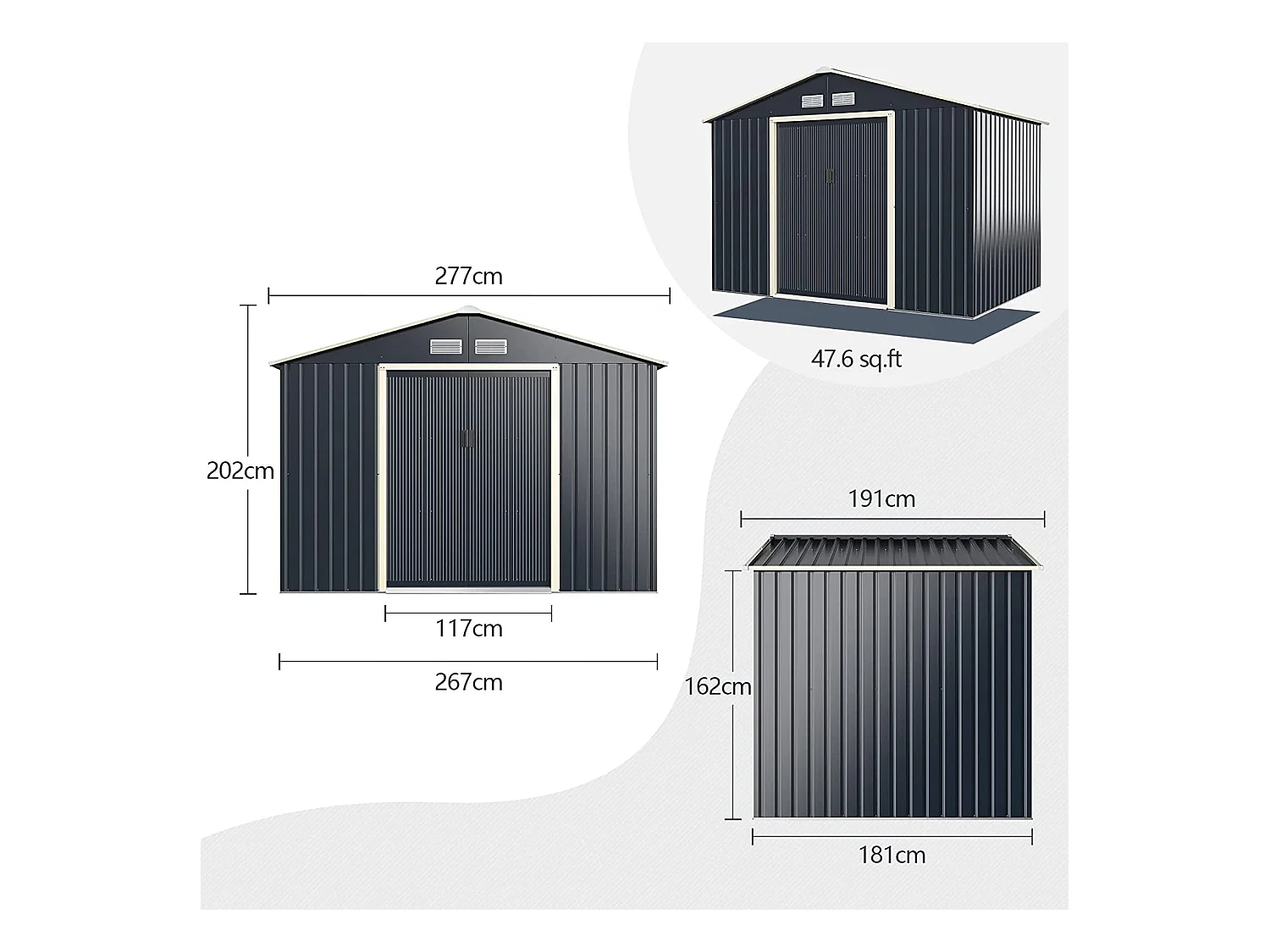 Abri de Jardin en Métal 5,29 ㎡ 277 x 191 x 202 cm avec 2 Portes Coulissantes Verrouillables 4 Trous d’Aération（Gris)
