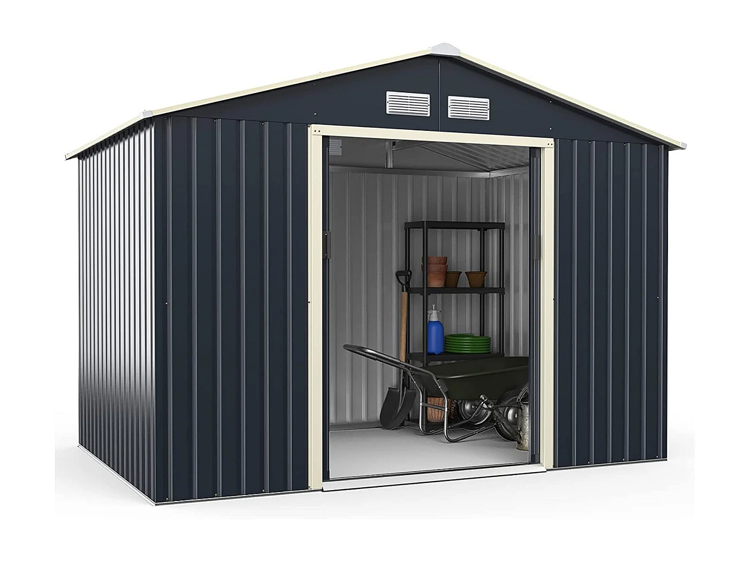 Abri de Jardin en Métal 5,29 ㎡ 277 x 191 x 202 cm avec 2 Portes Coulissantes Verrouillables 4 Trous d’Aération（Gris)