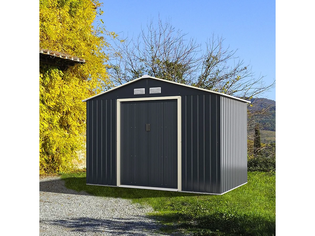 Abri de Jardin en Métal 5,29 ㎡ 277 x 191 x 202 cm avec 2 Portes Coulissantes Verrouillables 4 Trous d’Aération（Gris)