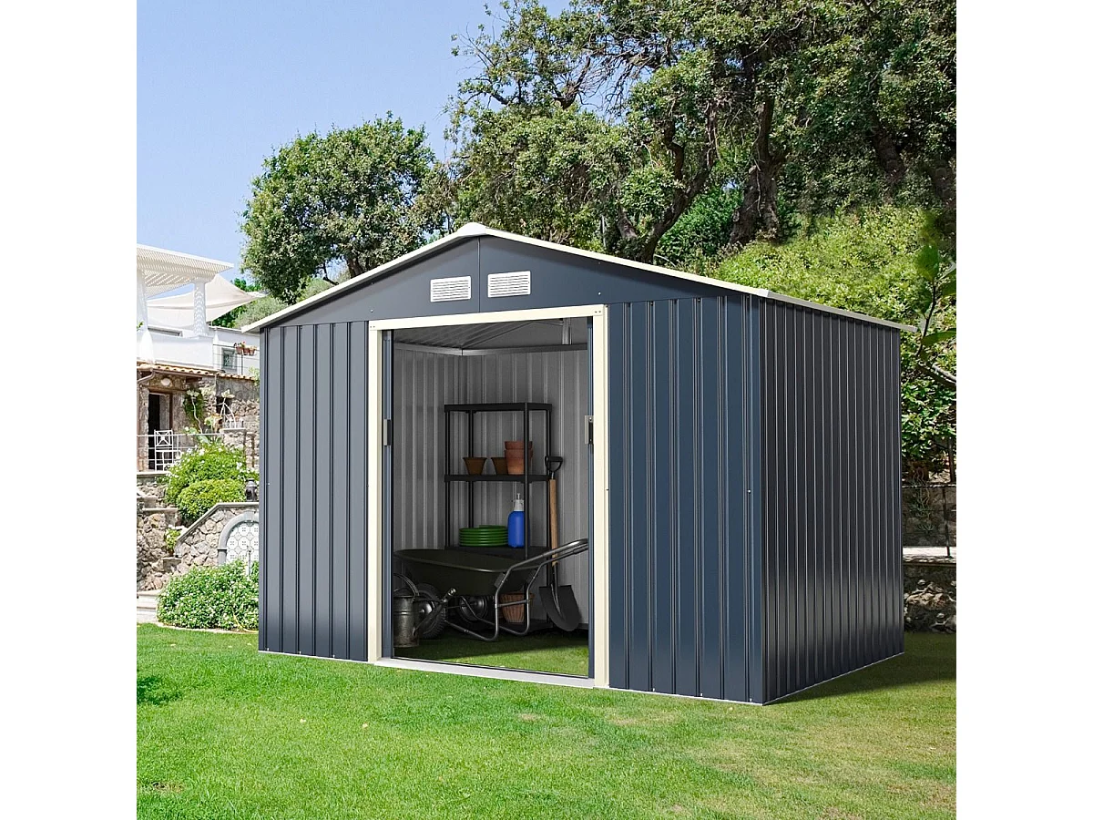 Abri de Jardin en Métal 5,29 ㎡ 277 x 191 x 202 cm avec 2 Portes Coulissantes Verrouillables 4 Trous d’Aération（Gris)