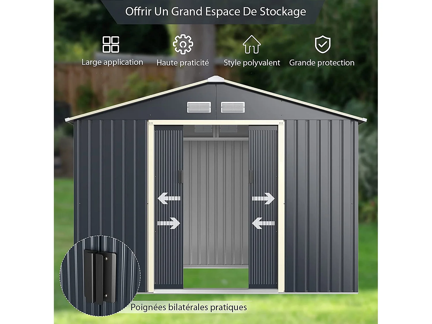 Abri de Jardin en Métal 5,29 ㎡ 277 x 191 x 202 cm avec 2 Portes Coulissantes Verrouillables 4 Trous d’Aération（Gris)