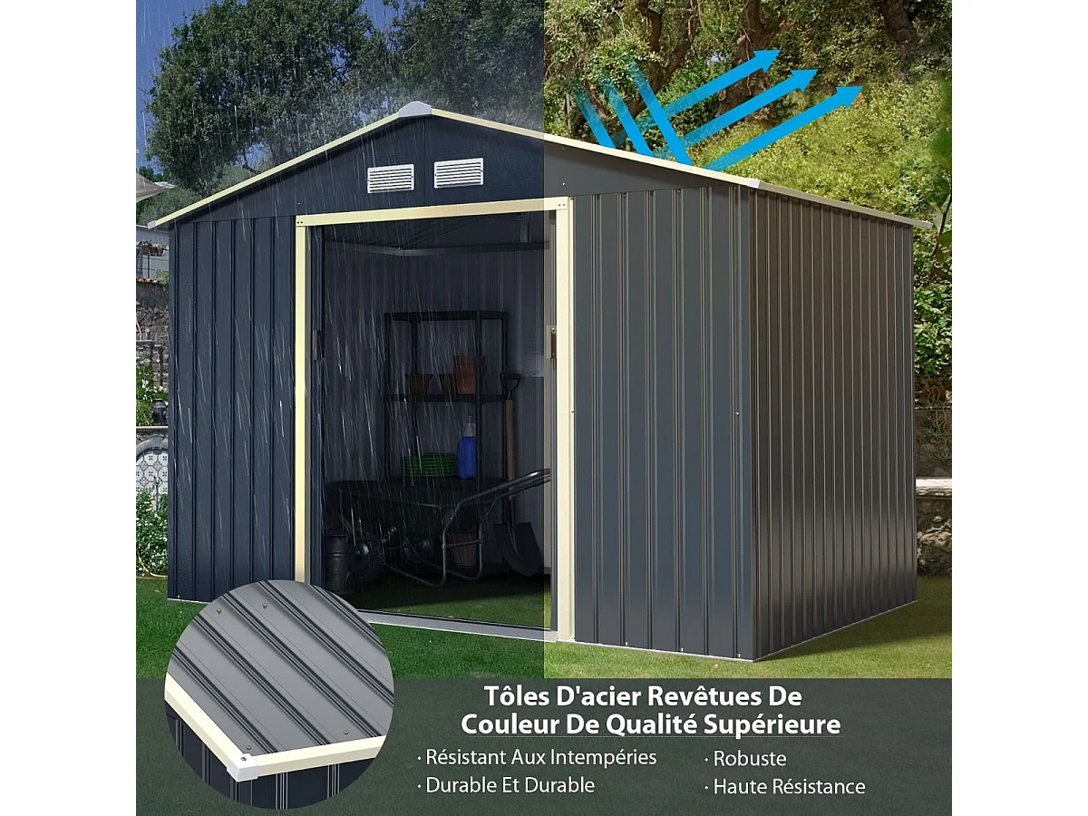 Abri de Jardin en Métal 5,29 ㎡ 277 x 191 x 202 cm avec 2 Portes Coulissantes Verrouillables 4 Trous d’Aération（Gris)