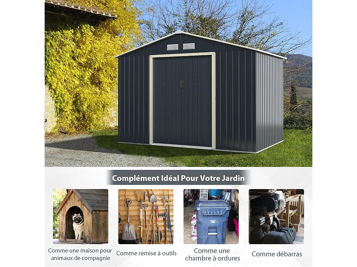 Abri de Jardin en Métal 5,29 ㎡ 277 x 191 x 202 cm avec 2 Portes Coulissantes Verrouillables 4 Trous d’Aération（Gris)