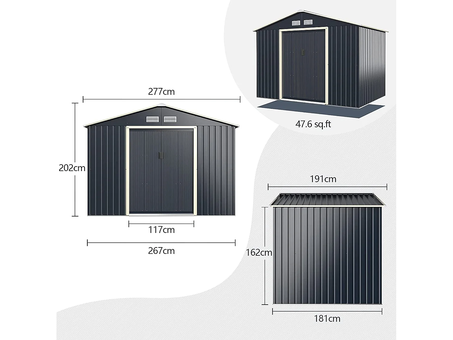 Abri de Jardin en Métal 5,29 ㎡ 277 x 191 x 202 cm avec 2 Portes Coulissantes Verrouillables 4 Trous d’Aération（Gris)