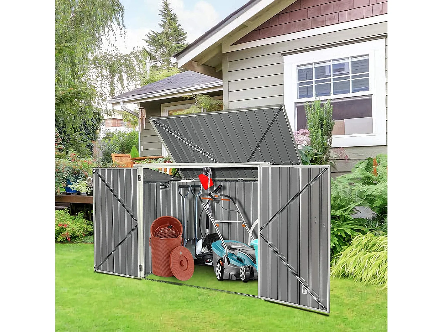 Abri de Jardin 1,68 ㎡/Cabane de Jardin Métal Convient à 2 bacs de 240 L, Cabane à Outils-173 x 97 x 134CMGris Foncé