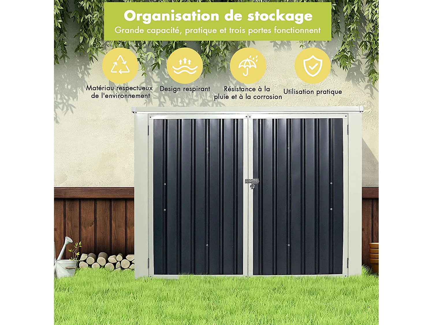 Abri de Jardin 1,68 ㎡/Cabane de Jardin Métal Convient à 2 bacs de 240 L, Cabane à Outils-173 x 97 x 134CMGris Foncé