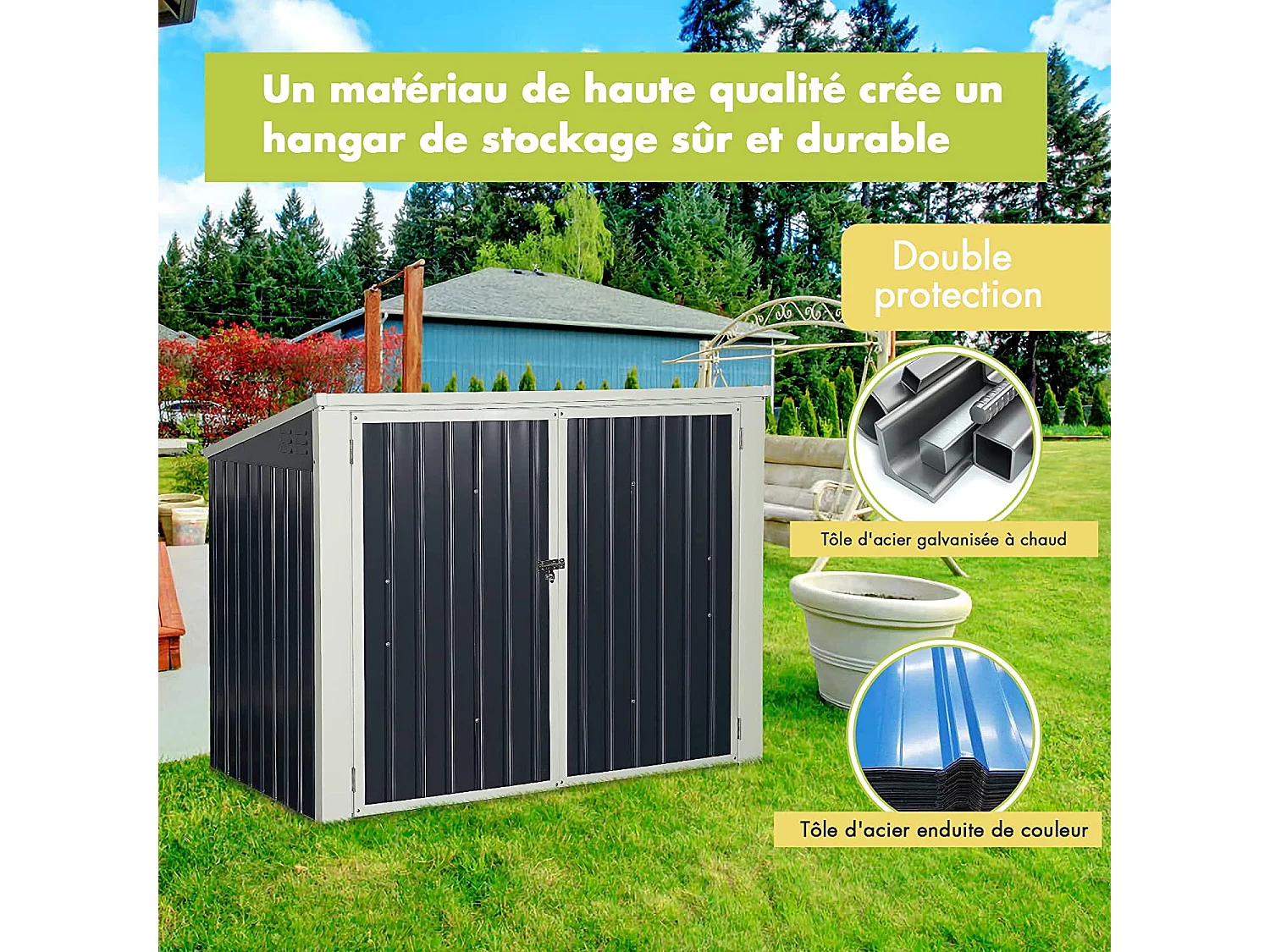 Abri de Jardin 1,68 ㎡/Cabane de Jardin Métal Convient à 2 bacs de 240 L, Cabane à Outils-173 x 97 x 134CMGris Foncé