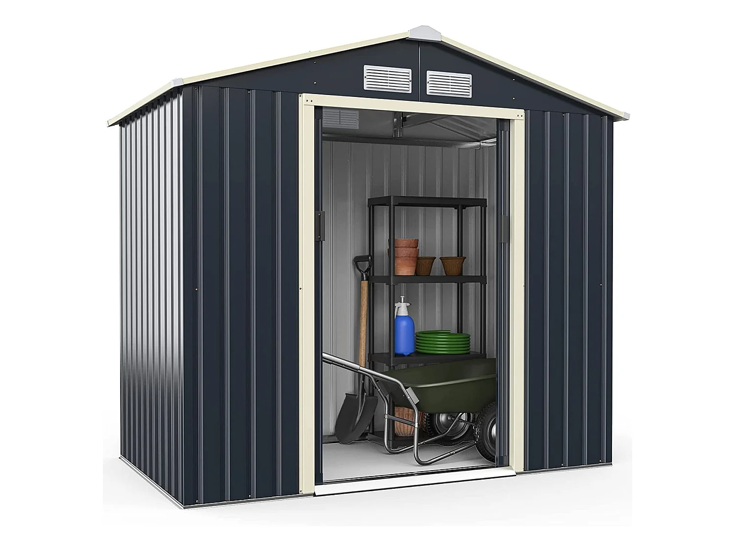 Abri de jardin avec 2 portes coulissantes verrouillables, 4 trous d’aération 213,5 x 127 x 194,5cm