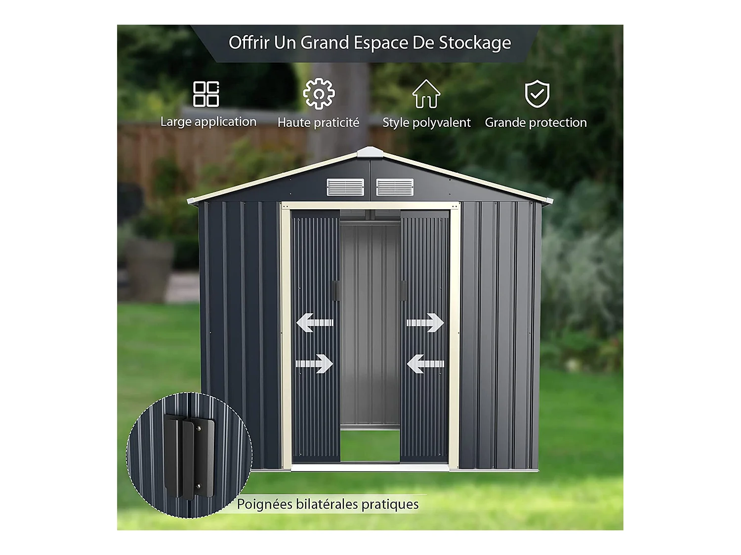 Abri de jardin avec 2 portes coulissantes verrouillables, 4 trous d’aération 213,5 x 127 x 194,5cm