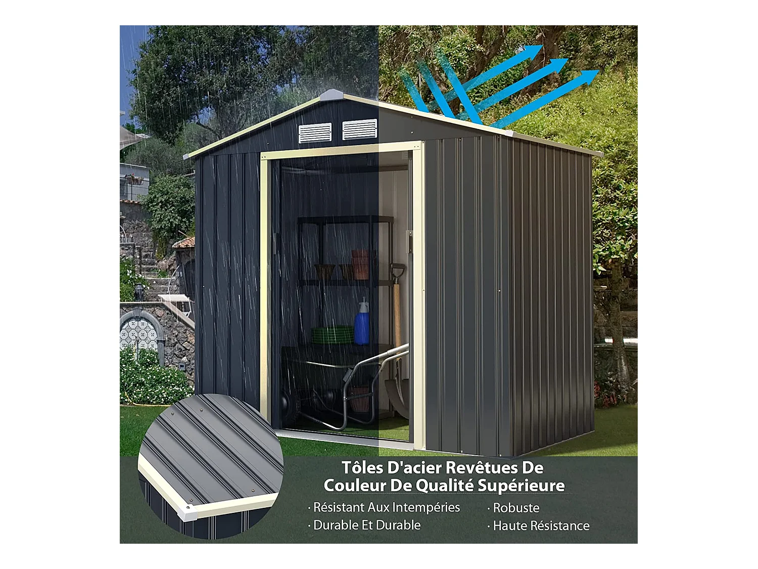 Abri de jardin avec 2 portes coulissantes verrouillables, 4 trous d’aération 213,5 x 127 x 194,5cm