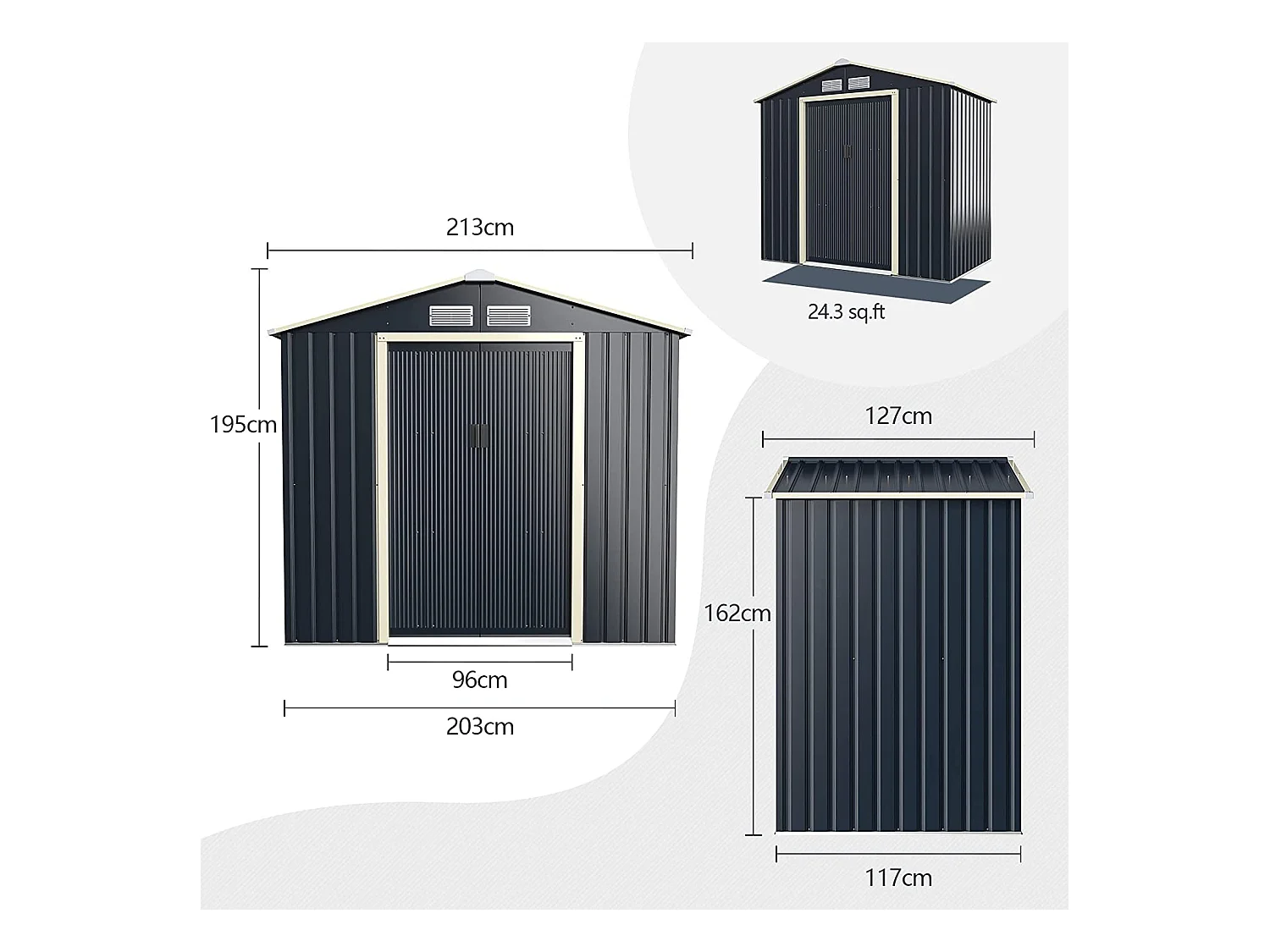 Abri de jardin avec 2 portes coulissantes verrouillables, 4 trous d’aération 213,5 x 127 x 194,5cm