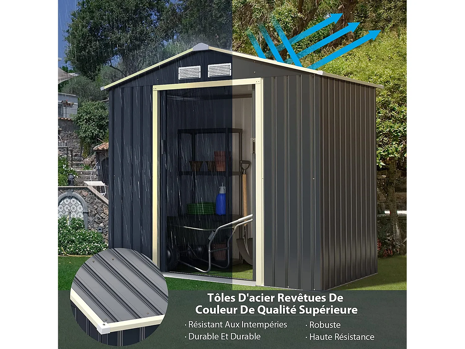 Abri de jardin avec 2 portes coulissantes verrouillables, 4 trous d’aération 213,5 x 127 x 194,5cm