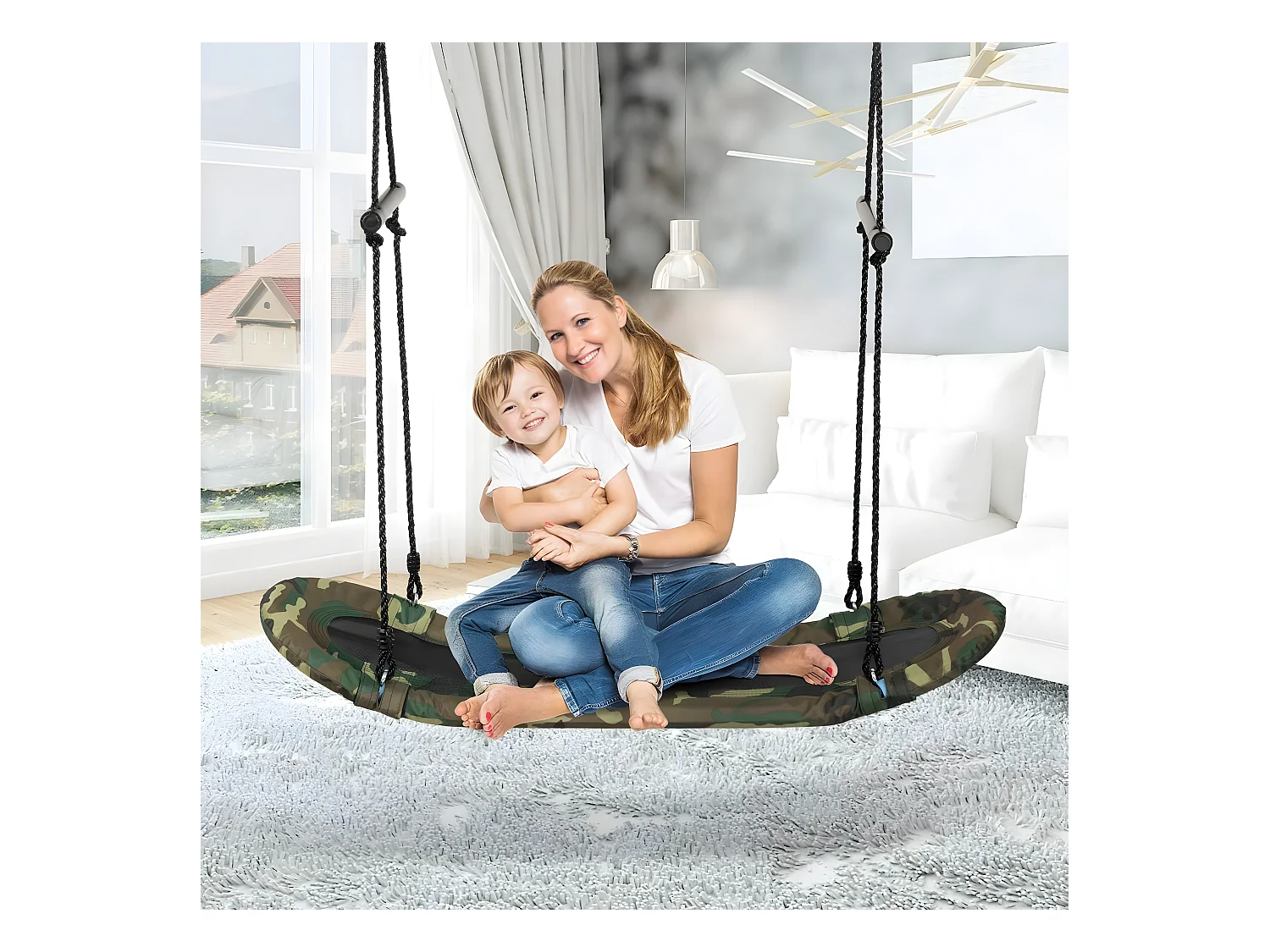 Balançoire Arbre Réglable en Hauteur 100-160CM Structure en Métal avec Poignées pour l'Intérieur et l'Extérieur Camouflage