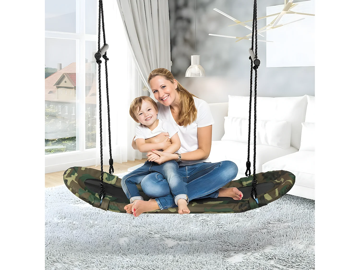 Balançoire Arbre Réglable en Hauteur 100-160CM Structure en Métal avec Poignées pour l'Intérieur et l'Extérieur Camouflage